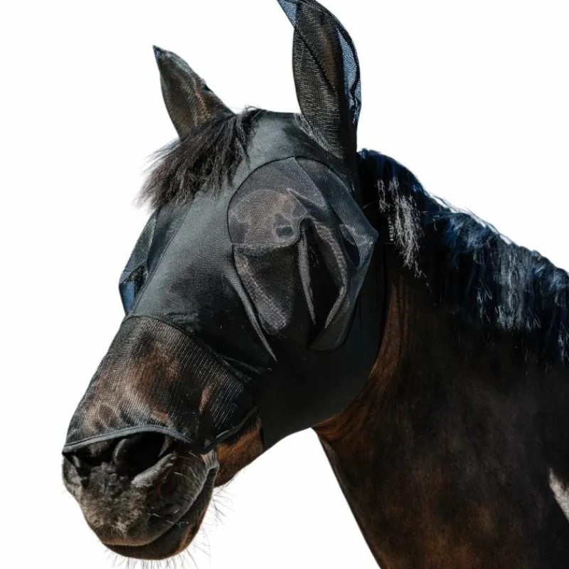 Masques Anti-Mouches Poneys|Masques Anti-Mouches*Equithème - Masque anti-mouches et UV Lycra avec oreilles et nez Noir